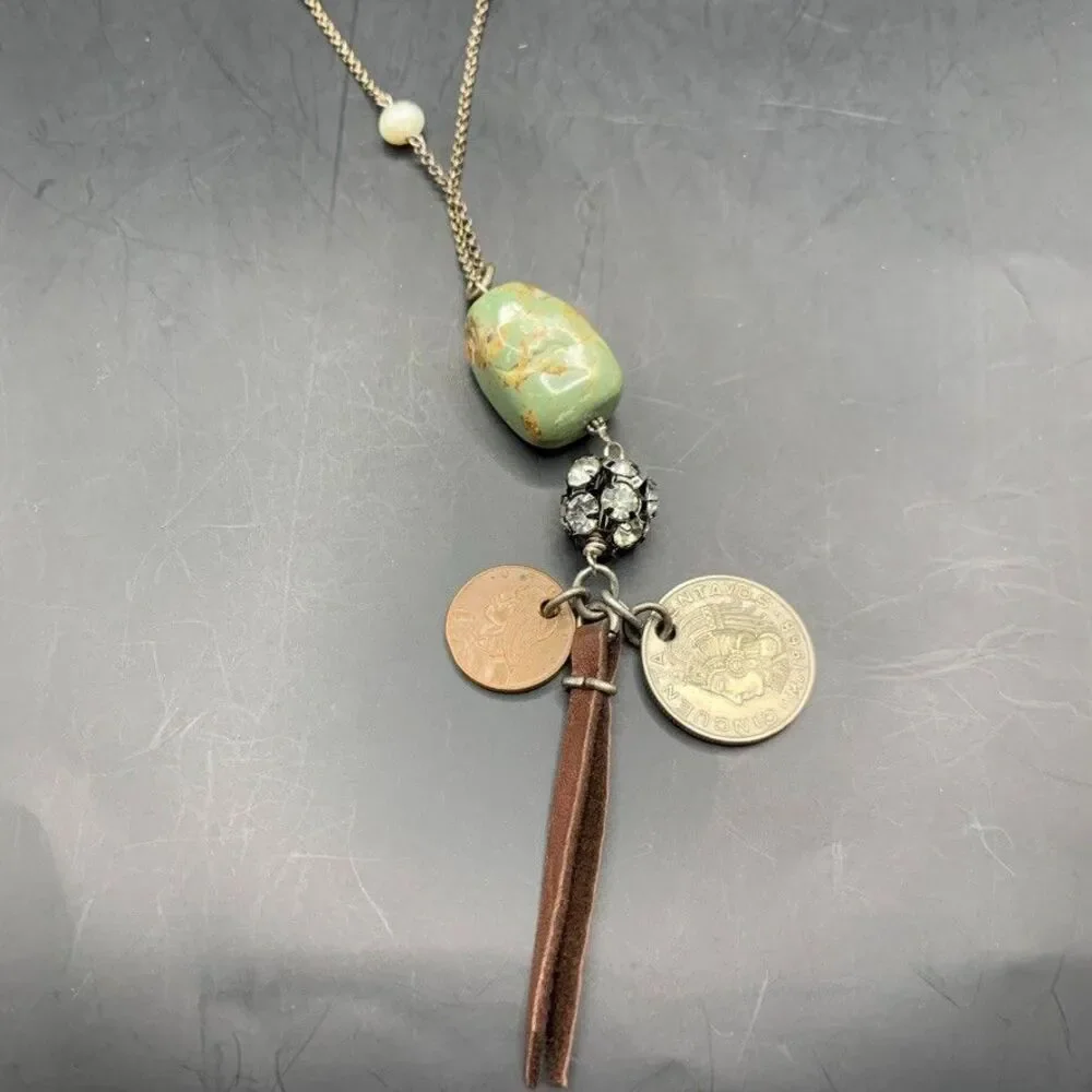 Handmade Artisan Necklace Jasper Pearl Panama Mexico Coins Leather Rhinestones